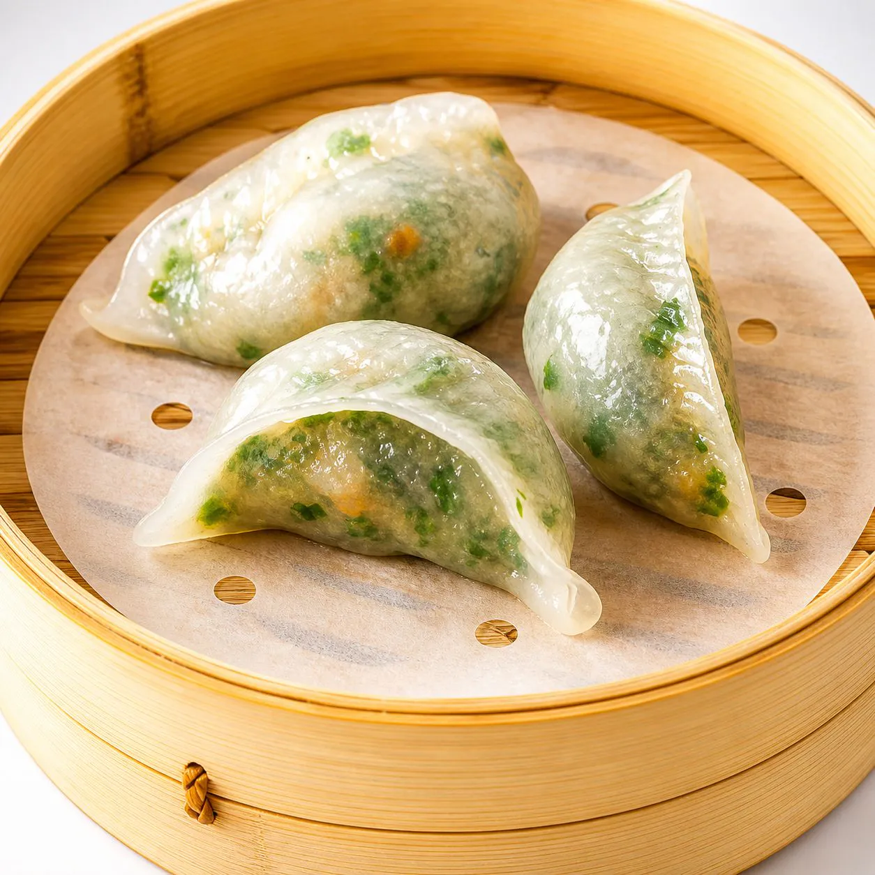 Prawn chive dumplings in bamboo steamer