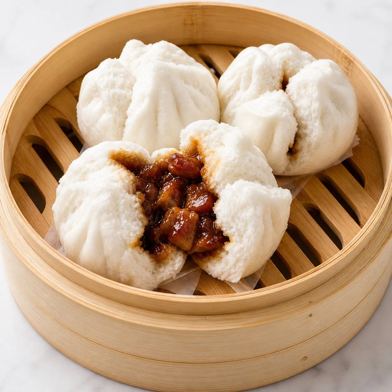 Fluffy roast pork buns with savory filling in bamboo steamer
