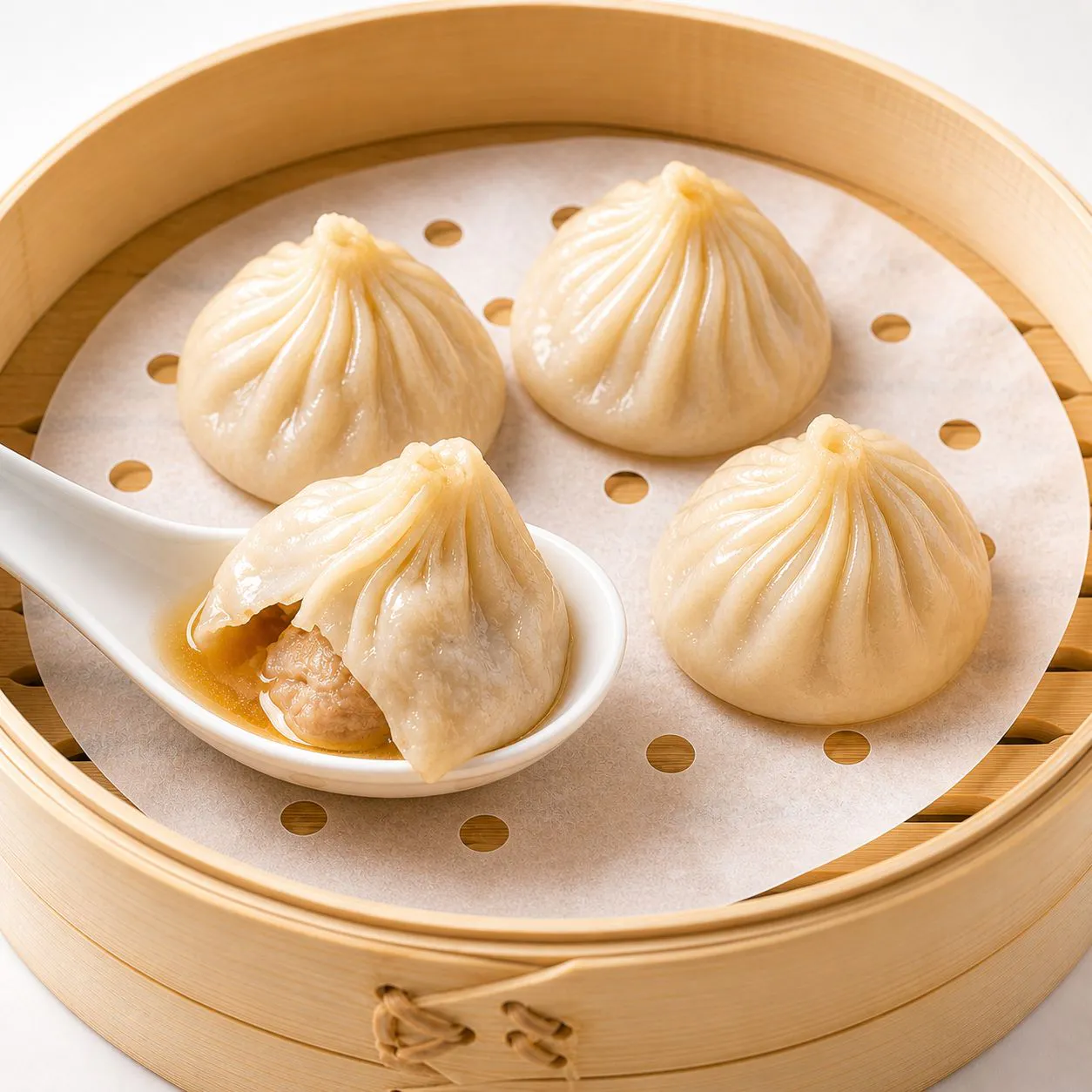 Shanghai pork soup dumplings in bamboo steamer with soup spoon