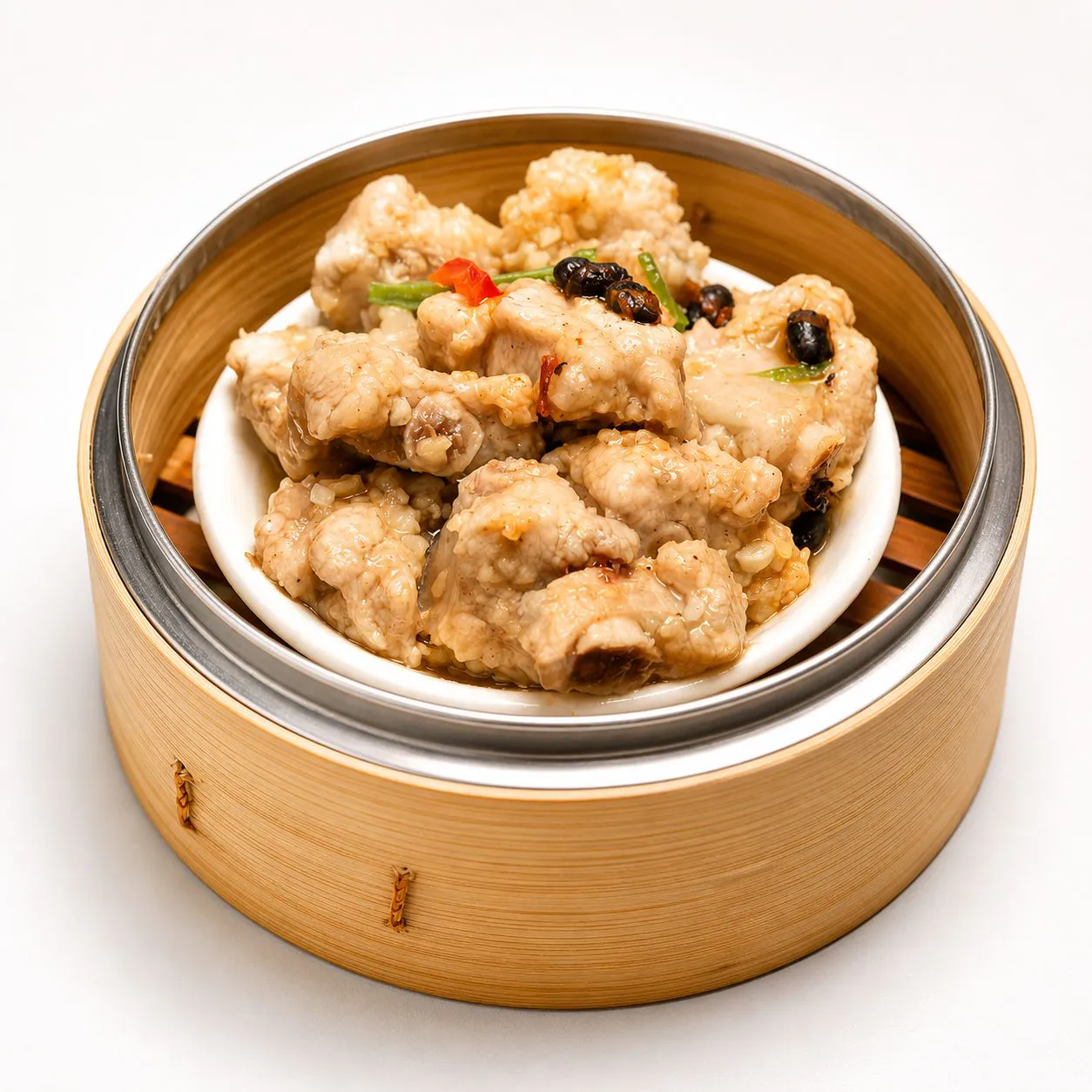 Steamed spare ribs in black bean sauce inside bamboo steamer